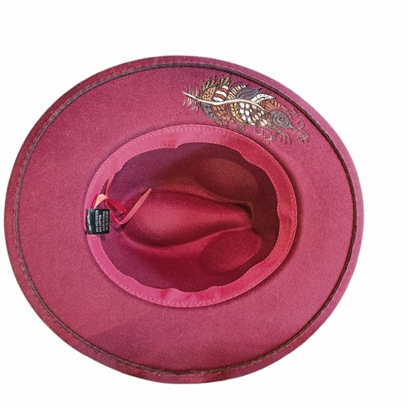 Hand Burned and Painted Wide Brim Fedora Hat With Feathers, Western Feel - Picture 5 of 5